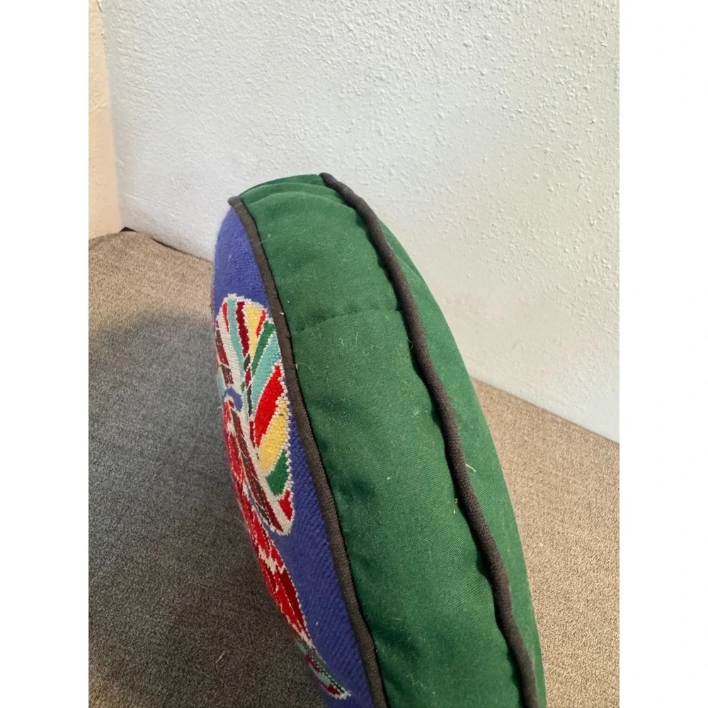 Vintage Needlepoint Throw Pillow Handmade Snake Graphic Multicolor Wool Round
